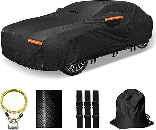 Heavy Duty Car Cover for Automobiles All Weather Waterproof, Outdoor Snowproof UV Protection Windproof, Door Zipper, Soft Cotton Universal Car Covers (Black, Fit Sedans 191"-200")