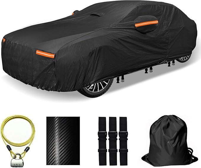 Heavy Duty Car Cover for Automobiles All Weather Waterproof, Outdoor Snowproof UV Protection Windproof, Door Zipper, Soft Cotton Universal Car Covers (Black, Fit Sedans 201"-210")