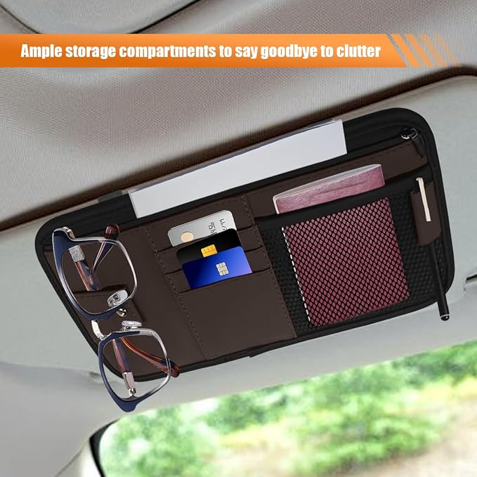 Car Sun Visor Organizer, PU Leather Automotive Visor Storage Pouch Holder with Multi-Pocket, Vehicle Interior Organizer Accessories for Sunglasses, Pen, Key, Phone, Cards, License(Brown)