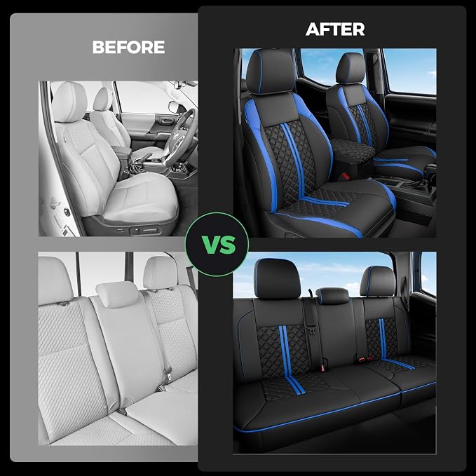 Custom Seat Covers for Tacoma 2016-2023 3rd Gen Double Cab SR5/TRD Off-Road/SR/TRD Sport/TRD PRO Full Set with Console Covers, Waterproof Leather Back and Front Seat Protectors Black Blue