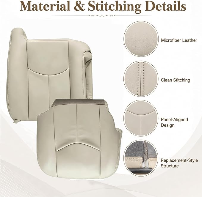 NLQR #522 Driver & Passenger Side Bottom & Top Lean Back Replacement Seat Covers & 2Pcs Seat Armrests Covers Light Tan Compatible with Chevy Avalanche Tahoe Suburban GMC Yukon XL 2003 2004 2005 2006