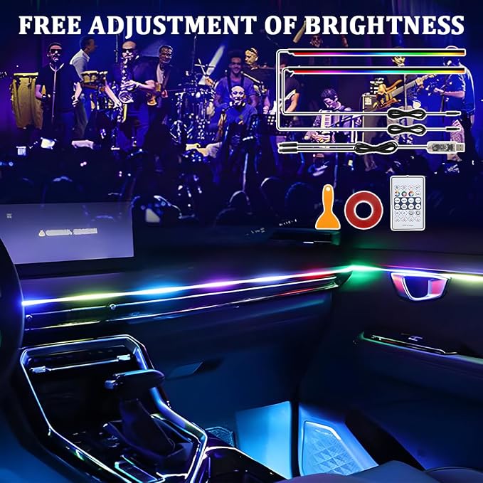 Car Interior Ambient LED Light with APP & Remote Control, 43.3" 2-in-1 Music Sync Fiber Optic USB Powered Acrylic LED Lamp Strip, Flexible RGB Auto Inside Neon Light, Universal Fit