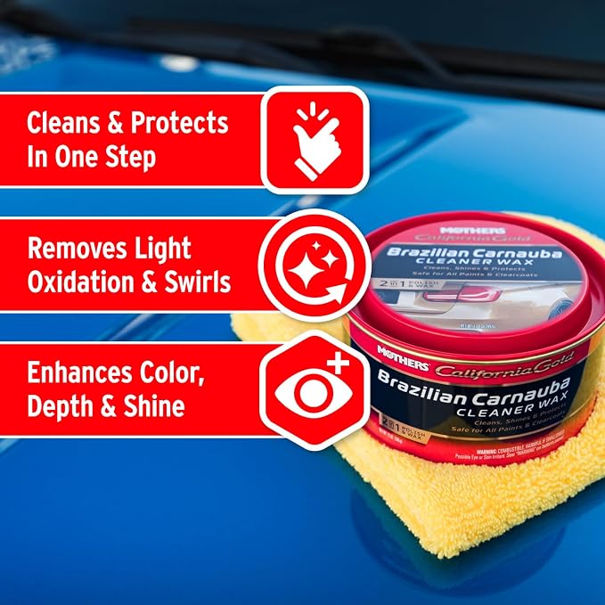Mothers California Gold Brazilian Carnauba Cleaner Wax, 12 oz. Paste, 05500 | Cleans & Waxes in One Step, Removes Oxidation & Swirls, Premium Carnauba Shine & Protection for All Paint Finishes