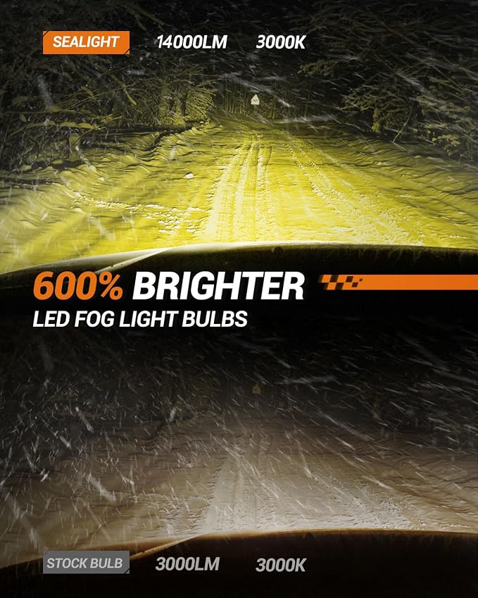 SEALIGHT H11 LED Fog Light Bulbs Yellow, 14000Lumens 600% Brightness 50000 Hours Lifespan H16 H8 LED Fog Bulb, 3000K Amber Strong Penetration, Play and Plug, Pack of 2