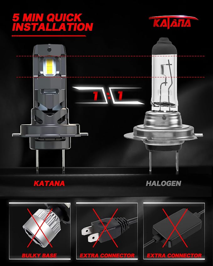 Katana H7 Bulbs, No Adapter Required 1:1 Size 400% Brightness 6500K of 2 | 32 Chips Per Pair, Turbo Cooling Fan, 50,000H+ Lifespan
