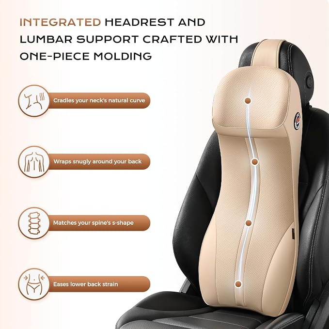 Coverado Car Seat Cushion and Integrated Neck Pillow Lumbar Support Kit, Ergonomic Lumbar Support Pillow for Car, Soft Leather Memory Foam Car Seat Cushion for Sciatica & Back Pain Relief, Beige