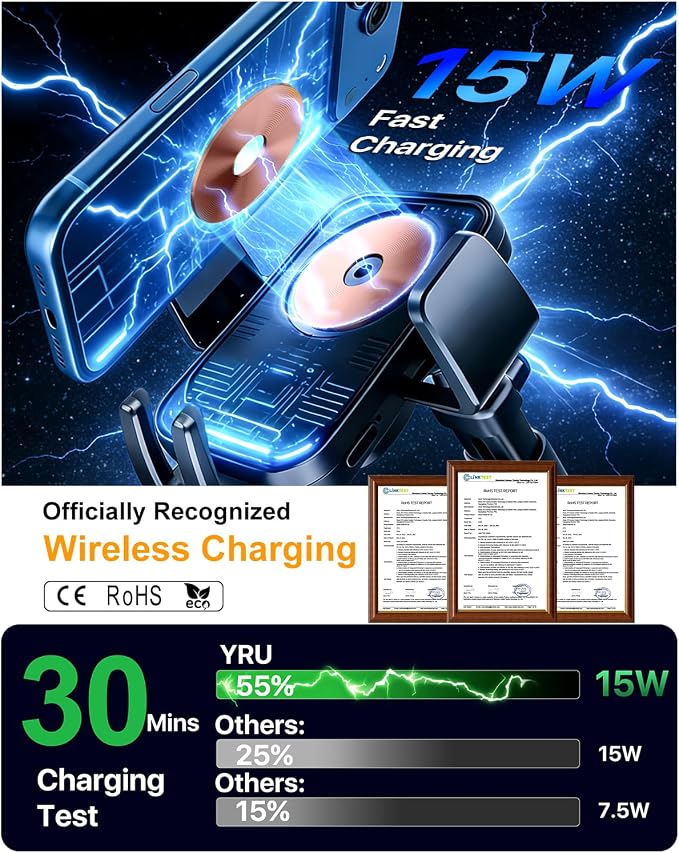YRU [True Military-Grade] Wireless Car Charger Mount, 15W Charging Auto Clamping Car Phone Holder [98+LBS Strong] Dashboard Windshield Vent Cellphone Holder for iPhone 17 16 15 Pro Max, Dark Black