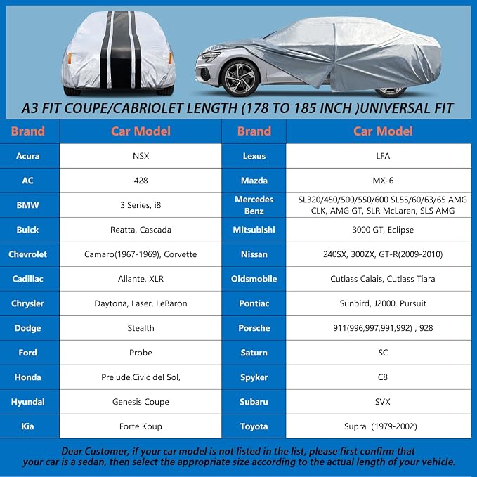 10-Layer Waterproof Sports/Coupe/Cabriolet Car Cover. | All Weather Full Outdoor Covers. Porsche 911, Chevy Corvette Camaro, NSX Etc.Size A3 (Length 178 to 185 inch)