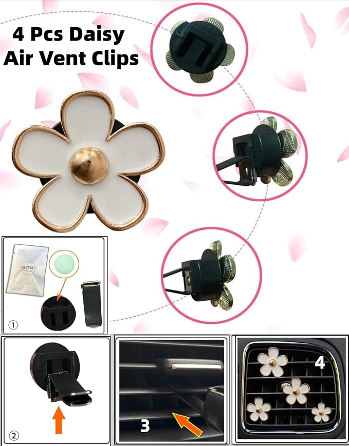 11 pcs Bling Car Accessories Set for Women, Steering Wheel Cover, Sparkly Seat Belt Covers, Daisy Vent Clips, Bling Shift Cover, Universal Fit Most Cars (White Diamond)