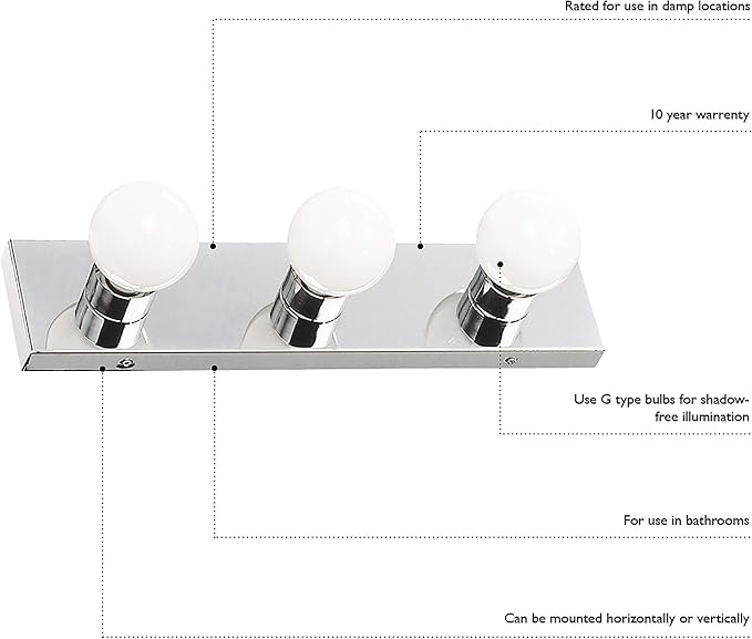 Design House Vanity Lighting, Steel Construction, 4 Vanity Lights, Dimmable, Uses Four 60W Bulbs, Polished Chrome, 24.0 in. W x 4.3 in. H x 2.0 in. D, 500892