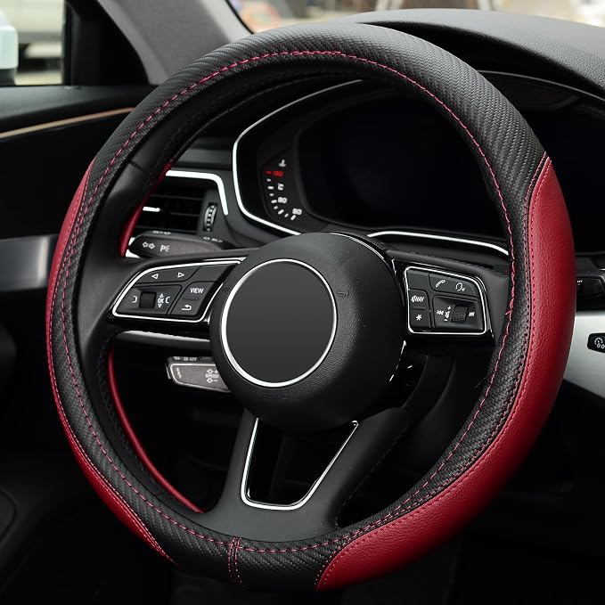 LABBYWAY Microfiber Leather Auto Car Steering Wheel Cover, Universal 15 Inch Anti-Slip Wheel Protector, Claret