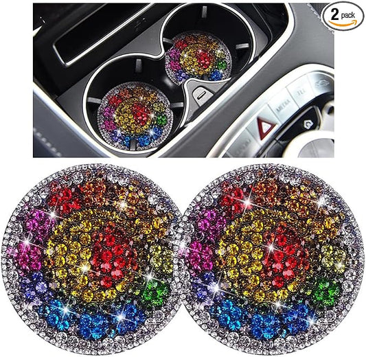 Bling Car Cup Holder Coaster, 2PCS 2.75 Inch Crystal Rhinestone Anti Slip Vehicle Drink Cup Mat for Women Girls, Auto Interior Embedded in Ornaments. Universal for SUV RV Truck (Sunflower)
