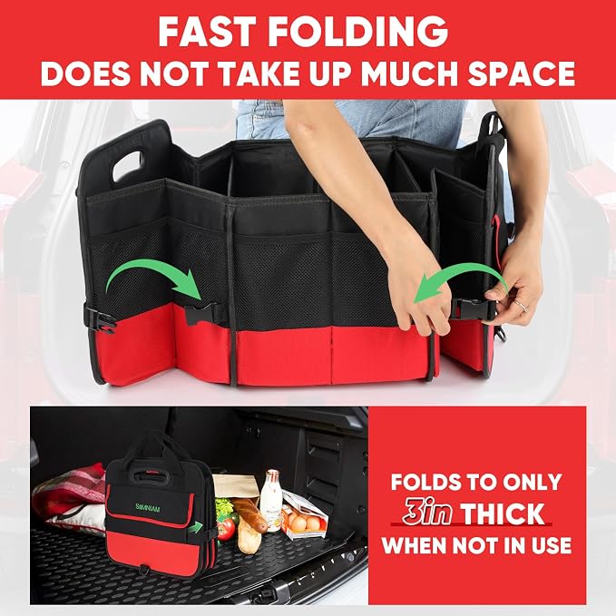 Simniam Large Trunk Organizer for Car, Foldable Multi Compartment Car Trunk Organizer with 2 Retractable Straps, Suitable for All Kinds of Cars, SUV, Minivan - 4 Compartments Red