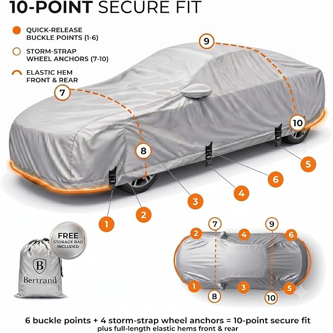 BERTRAND Heavy Duty Sedan Car Cover Waterproof All Weather - Snow, Rain & UV Outdoor Protection | Cotton-Lined, Up to 10-Point Anchoring + Door Zipper | Large Sedans, Silver-Black (185x71, A2)