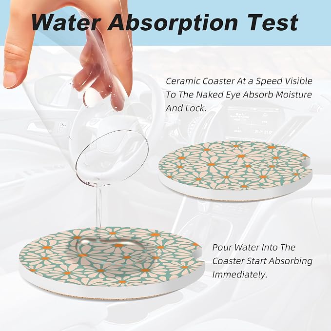 Green Floral Car Coasters for Cup Holders,2 Pack Car Cup Holder Coasters for Car,Ceramic Absorbent Car Coaster with A Finger Notch and Cork Base,Car Interior Accessories for Women Men