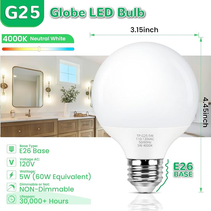 MAXvolador G25 LED Globe Light Bulbs 60W Equivalent, Neutral White 4000K Bathroom Vanity Round Bulb, 500LM E26 LED for Makeup Mirror, Non-Dimmable 4 Pack