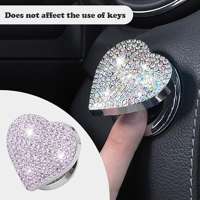Bling Push Start Button Cover with Rhinestone,Heart Push to Start Button Cover for Car Decor,Diamond Engine Start Buttons Cover Car Accessories Interior for Women & Girl (Purple)