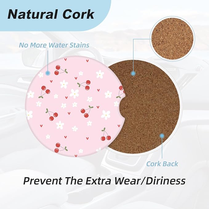 Pink Cherry Car Coasters for Cup Holders,2 Pack Car Cup Holder Coasters for Car,Ceramic Absorbent Car Coaster with A Finger Notch and Cork Base,Car Interior Accessories for Women Men