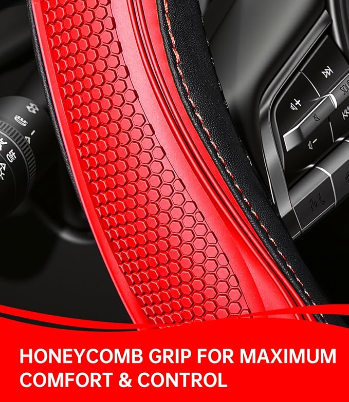 XCBYT Steering Wheel Cover - Red Leather Steering Wheel Wrap Great Grip with 3D Honeycomb Quick and Effortless Installation Non-Slip Silicone Inner Ring for Women Man Universal Fit 14.5-15 Inch