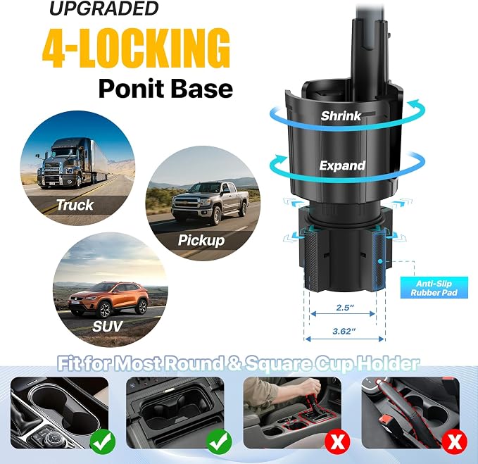 Car Phone Mount with Cup Holder Expander - Upgraded Anti-Shake 2-in-1 Cup Phone Holder for SUVS Trucks with Adjustable Aluminium Alloy Long Neck, fit for iPhone Samsung Galaxy (Black)