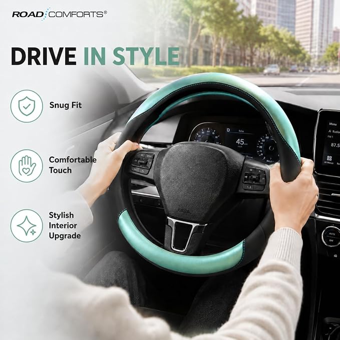 Road Comforts Steering Wheel Cover – Breathable Leather Steering Wheel Cover, Anti-Slip Grip, Universal Fit 14.5” to 15”, Heat & Cold Resistant for Cars, SUVs, and Trucks – Black & Shining Light Blue