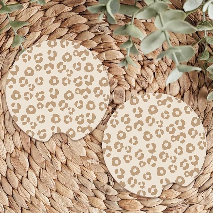 Ceramic Car Coasters – Absorbent Car Cup Holder Coaster Set for Women, Cute Aesthetic Car Accessories for Girls, 2 Pack (Tan)
