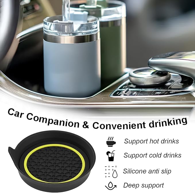 HZEL Car Cup Holder Coasters, 2PCS Non Slip Waterproof Vehicle Water Bottle Pads, Recessed Automotive Drink Mat Decoration Accessories, Universal Fit (Yellow/Black)