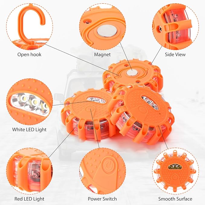 Tallew 4 Pack LED Road Emergency Roadside Lights Flashing Safety Warning Kit Beacon Magnet Hook Vehicle Boat Truck Disc Magnetic Flash Cars Security Driveway Automotive Strobe