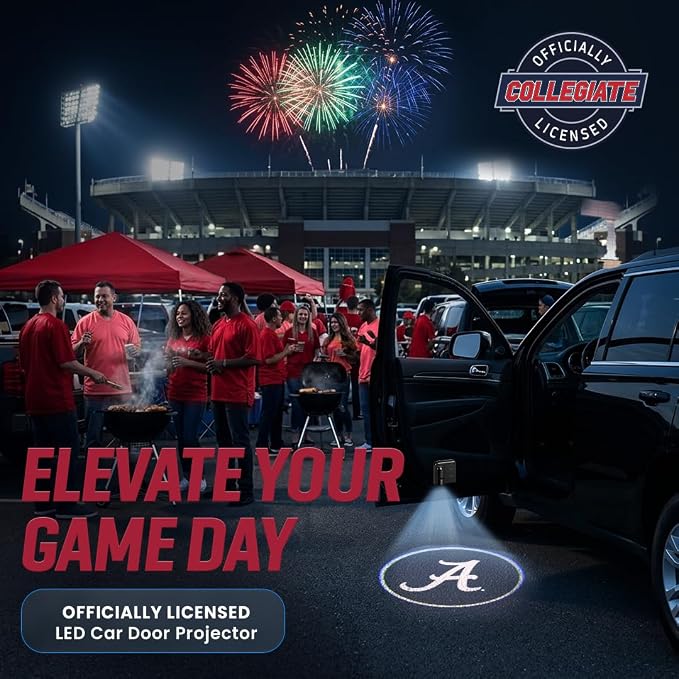 Sporticulture American Football Alabama Crimson Tide Car Door Lights Logo Shadow Display - Officially Licensed NCAA Car Accessories - Show Your Team Pride - Battery Powered, Universal Fit
