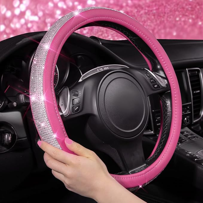 CAR PASS Bling Diamond Leather Steering Wheel Cover, with Bling Sparkly Crystal Glitter Rhinestones Universal Fit 13" 1/2-14" Car Wheel Protector for Women Girl Fit Suvs,Vans,Sedans,Car,Trucks, Pink
