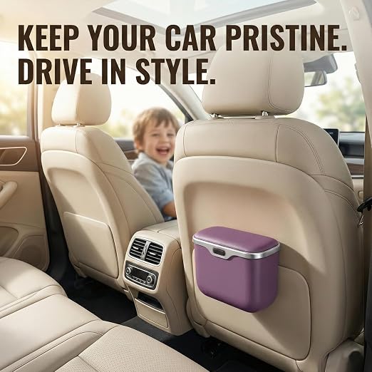 Hanging Car Trash Can, Leakproof Garbage Bin with Lid, Purple | ABS Construction, Clip-On Door/Back Seat Pocket Mount, Waterproof Liner, Push-Top Opening, For Suvs, Trucks, Sedans, Vans