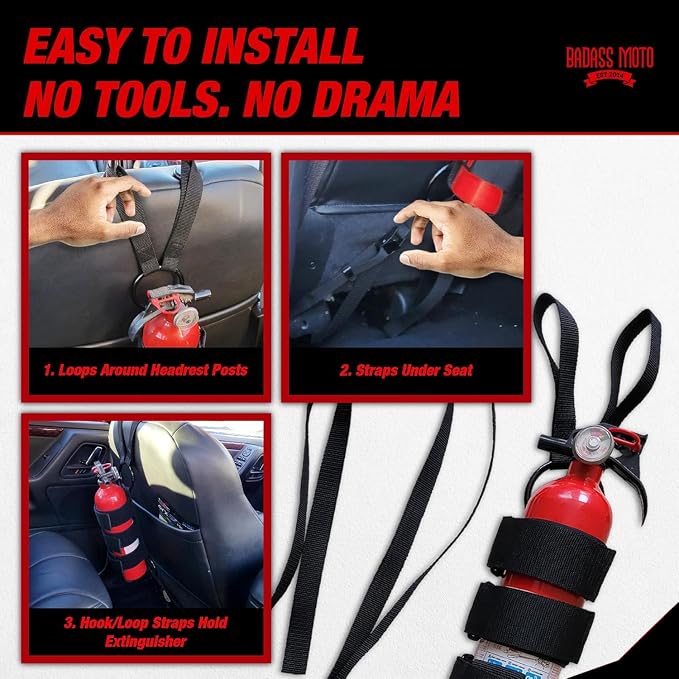 Badass Moto Car Fire Extinguisher Mount - Automotive Fire Extinguisher Mount for Vehicle Car Seat Headrest - Tool Free Seat Back Strap Install. Safety Kit Accessories for Jeep, Truck & SUV - 3 Pack