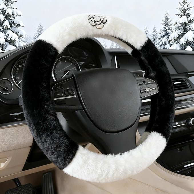 Camellia Flower Plush Steering Wheel Cover, Universal 14.5-15 Inch Winter Plush Warm Steering Wheel Cover, Soft Fluffy, Anti-Slip Design, Soft Texture (Black+White)