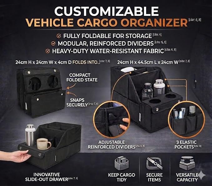 Car Trunk Organizer for SUV with Cup Holder – Foldable Trunk Organizer for Car, Car Organizer for Storage, Durable Car Organizers and Storage, Car Essentials for Easy Car Organization