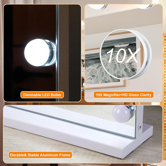 Moonee Vanity Mirror with Lights, Hollywood Lighted Makeup Mirror with 18 Dimmable Bulbs and 10X Magnification, 3 Colors Modes, Light Up Mirror, Gifts for Women, Girls,Dorm Room Essentials（32" x 24"）