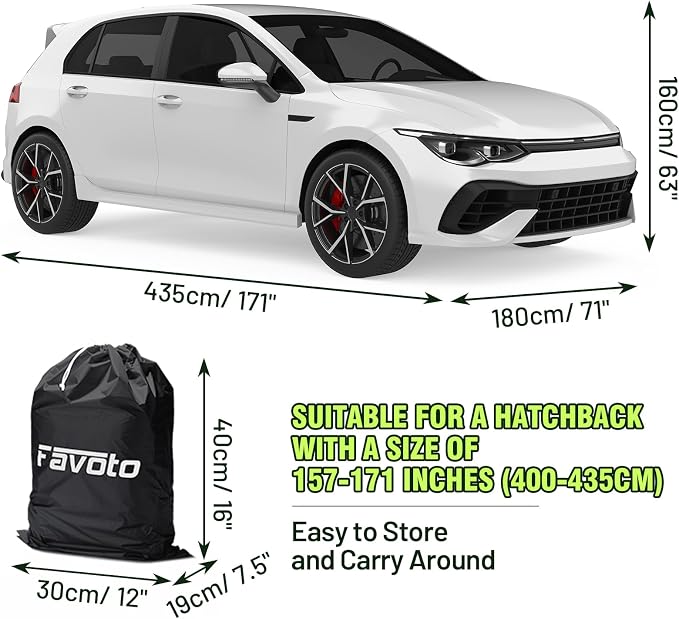 Favoto Car Cover Waterproof All Weather Windproof for Hatchback 157-171’’ | UV Protection, Soft Cotton Lining, Driver Door Zipper, Reflective Strips and Storage Bag Included with Vehicle Fitment Black