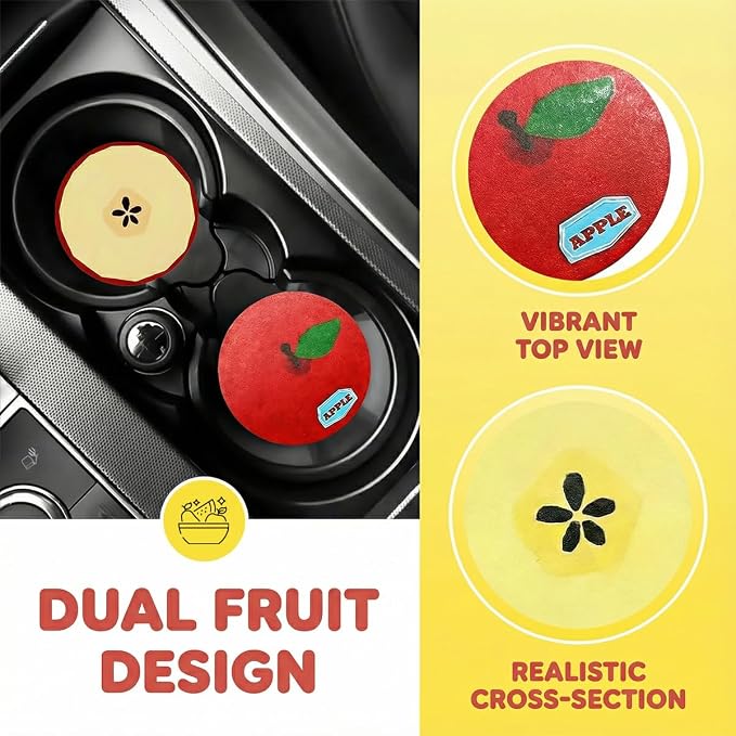 2PCS Fruit Pattern Car Cup Coasters, Cute Drink Insert Coaster, Non-Slip Car Cup Holder Coaster, Automotive Interior Accessories Water Bottle Holder Pad for Most Vehicles (Red)