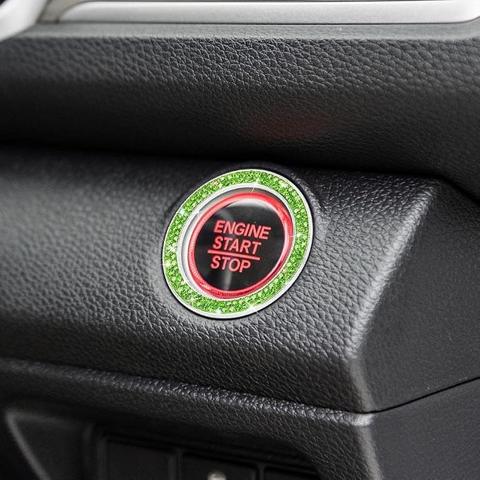 ToBeQueen Bling Car Crystal Rhinestone Ring Emblem Sticker, Car Interior Decoration, Bling Car Accessories for Women, Push to Start Button, Key Ignition Starter & Knob Ring (Green)