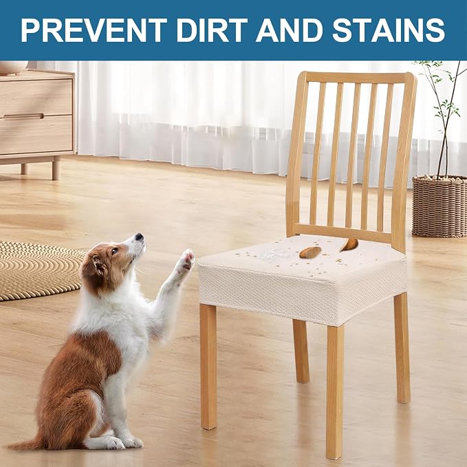 Smiry Waterproof Seat Covers for Dining Room Chairs Set of 2, Stretch Jacquard Removable Washable Chair Seat Slipcovers Protector, No Rear Covers, Beige