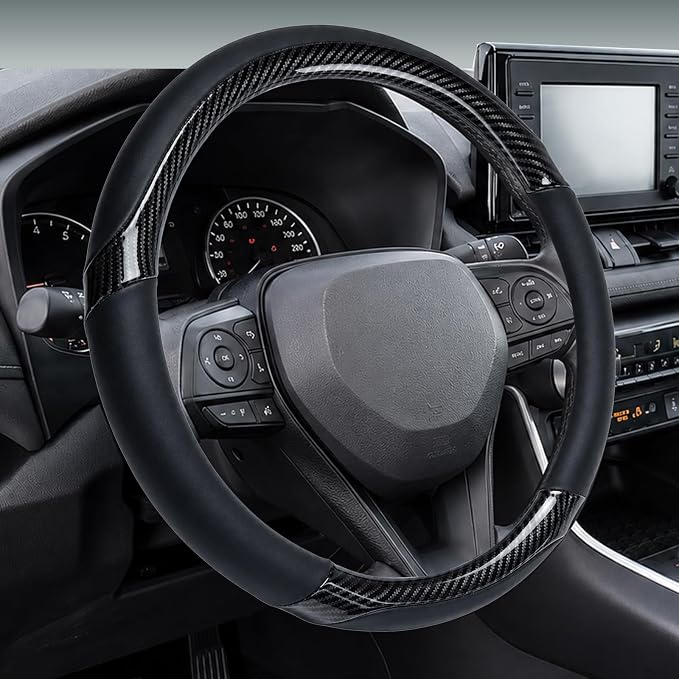 Yangday Leather Steering Wheel Cover for Toyota RAV4 Corolla Camry Highlander, 14.5-15 inches Car Steering Wheel Cover with Non-Slip Breathable (Carbon Black)