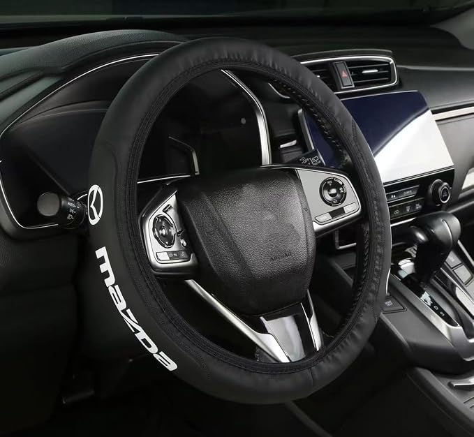 Car Steering Wheel Cover, Leather, Anti-Slip Lining, Universal for Mazda, 14.5-15 Inch, Black
