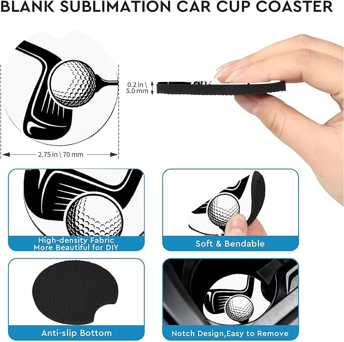 2 Pack Golf Car Cup Holder Coasters Universal Neoprene Coasters | 2.75" Universal Size Anti Slip Rubber Mat, Auto Cup Holder Accessories for SUV Truck, Golf Lovers Gifts for Women Men Mom