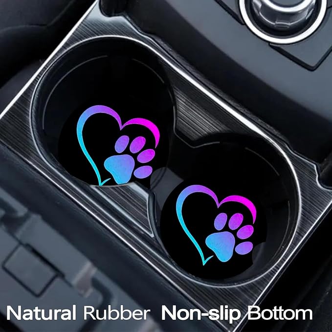 2 Pack Love Dog Paw Car Cup Holder Coasters Universal Neoprene Coasters | 2.75" Universal Size Anti Slip Rubber Mat, Auto Cup Holder Accessories for SUV Truck, Dog Lovers Gifts for Women Men Mom