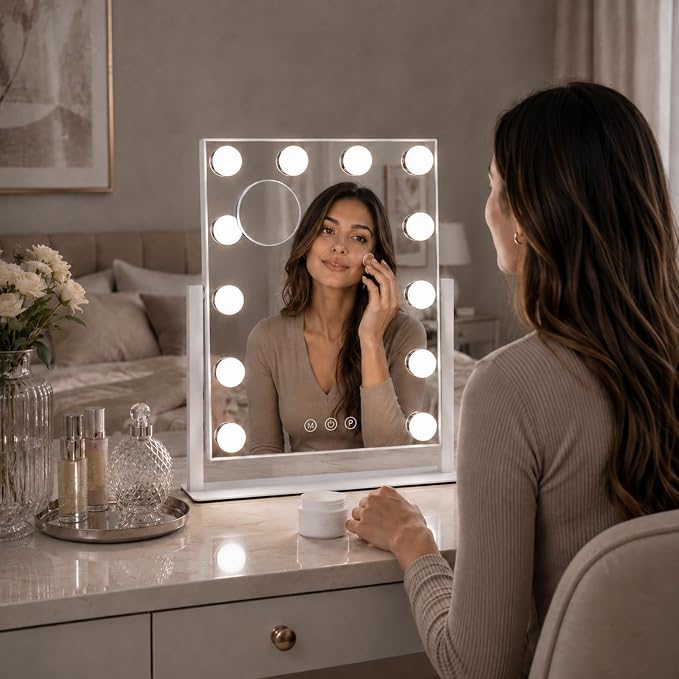 Vanity Mirror with Lights, Dimmable Desk Mirror, 12 Bulbs, 10X Magnifier | 16.4" H x 13.1" W makeup mirror, 3 colors, touch control, detachable 10X magnifier, 360 rotation, Gifts for Wife, Mom, Girls