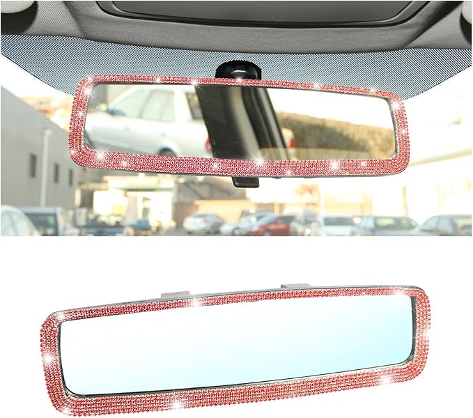 Osilly Bling Car Rearview Mirror, Decorations Rear View Mirror with Crystal Rhinestones & Diamonds, Car Interior Trim Accessories, Clip-on & HD Glass, Sparkly Gift for Mother Women Girls (Red)