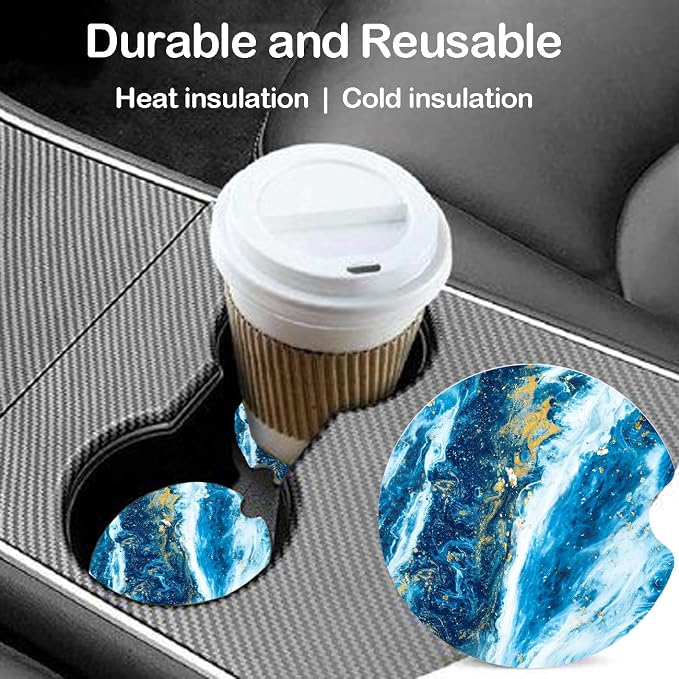 Ceramic Car Coasters – Absorbent Car Cup Holder Coaster Set for Women, Cute Aesthetic Car Accessories for Girls, 2 Pack (Sapphire Night)
