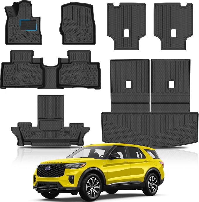 KUST Floor Mats for 2020-2026 Ford Explorer Accessories (6 Seats Only) | 3 Rows Floor Liners, 2nd Row Backrest Mats, Rear Cargo Trunk Mat, TPE Rubber, Raised Edge, Extra Heel Pad Plate