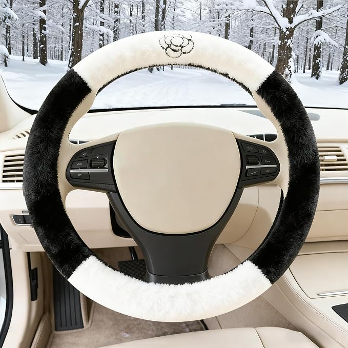Camellia Flower Plush Steering Wheel Cover, Universal 14.5-15 Inch Winter Plush Warm Steering Wheel Cover, Soft Fluffy, Anti-Slip Design, Soft Texture (Black+White)
