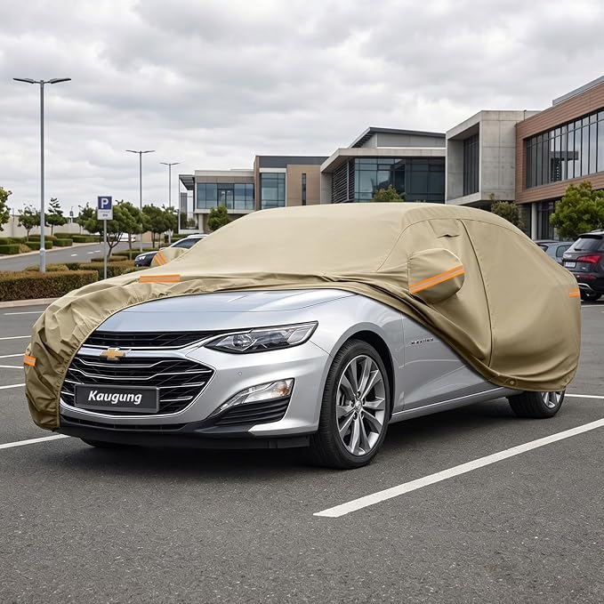 Kaugung Custom Fit Car Cover for Chevrolet Chevy Malibu (1997-2025), Heavy Duty All Weather Waterproof Outdoor Cover, Sun Rain Snow UV Protection with Driver Door Zipper, Mirror Pockets & Air Vents