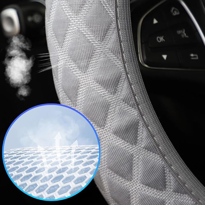 Elastic Stretch Car Steering Wheel Cover, 15Inch Breathable Ice Silk Vehicle Steering Wheel Protecter, Cool in Summer Automotive Interior Protection, Universal for SUV Sedan Truck (Gray)